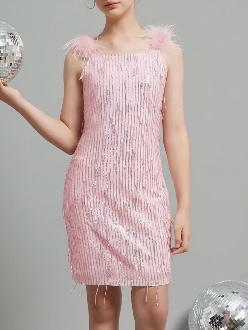 Girls' Pink Sequin Feather Strap Party Dress - Size: